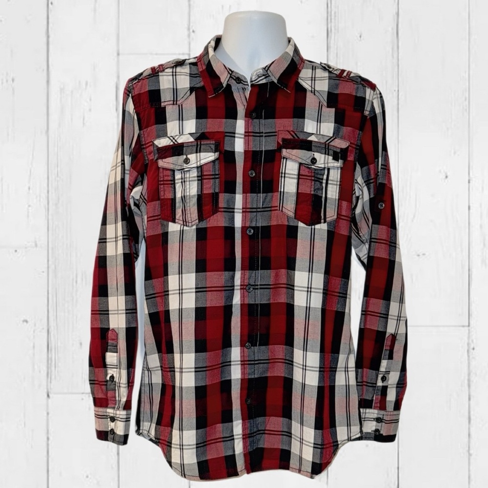 Jeans by Buffalo Men’s Plaid Button-Up Shirt Red Black White Long Sleeve Size M